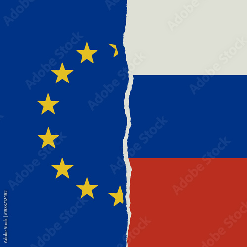 European Union and Russia federal state Official Symbol Side by Side. National Flag Combination Image. Close Up Sign. Close-Up International Relations Concept Illustration