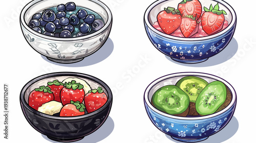 Four colorful bowls filled with fresh fruits, illustrated in a charming, pixelated style