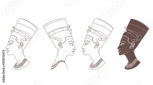 Four stylized profile illustrations of Nefertiti, rendered in a minimalist line art style
