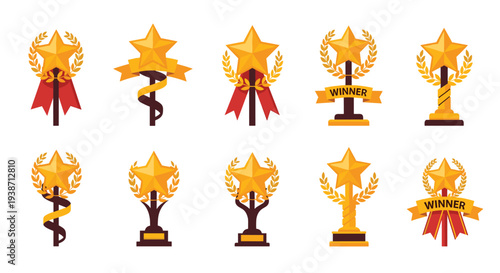 Ten unique golden star-shaped trophies, adorned with various ribbons, wreaths, and bases, are neatly displayed in two rows on a pristine white background.