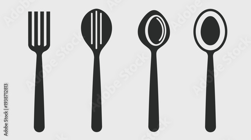 Four black utensil icons, left to right fork, slotted spoon, spoon, soup spoon