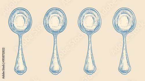 Four spoons aligned in a row, styled in a vintage or retro illustration on beige