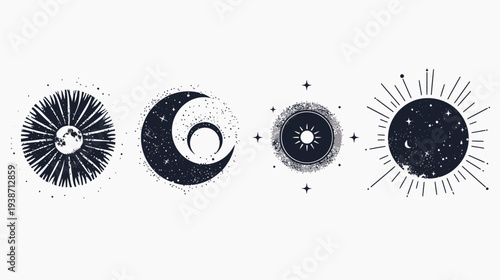Celestial line art sun, moon, stars; textured, dark ink on white background