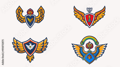 A set of four vibrant, cartoonish crests or emblems, each with winged shield motifs