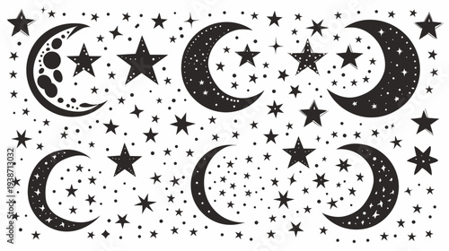 Black and white space scene featuring crescent moons, stars, and scattered dot details