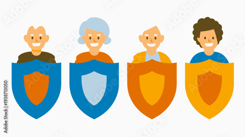 Four diverse smiling people with varying hairstyles stand behind different colored shields