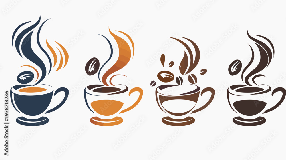 Obraz premium Four stylized, colored coffee cups with rising steam and coffee beans on a white background
