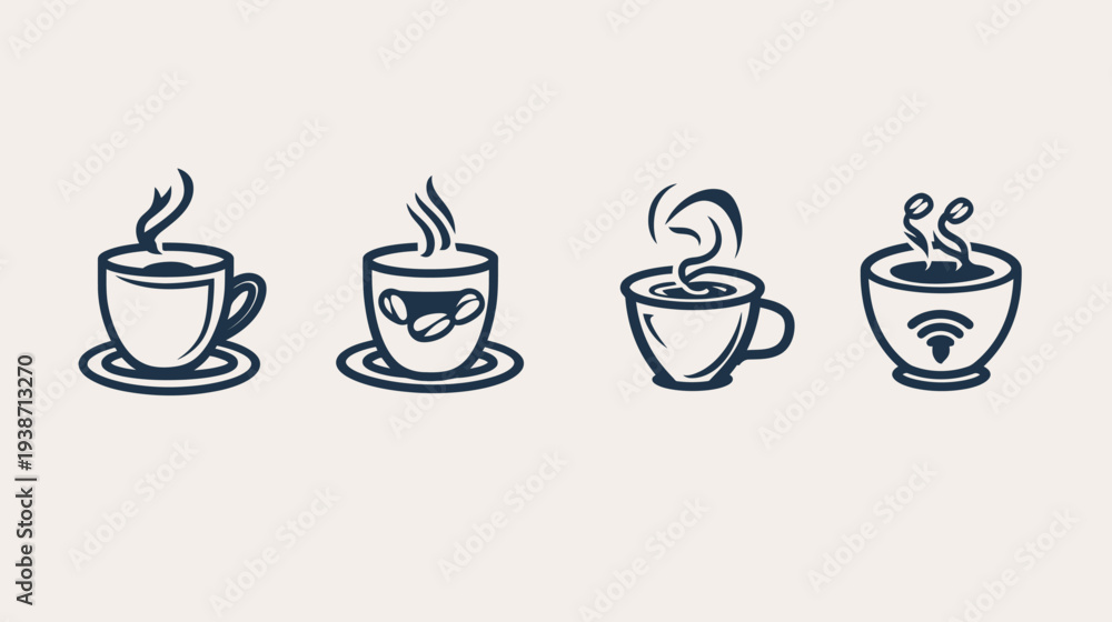 Obraz premium Four stylized coffee cups, each on a saucer, with different steam/design motifs