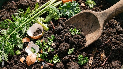 Konstfotografi Organic compost soil mixed with crushed eggshells and natural biodegradable waste for fertilizer