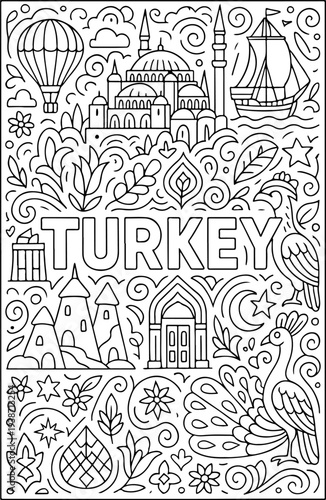 Turkey hand drawn vector illustration doodle art line art coloring page for kids