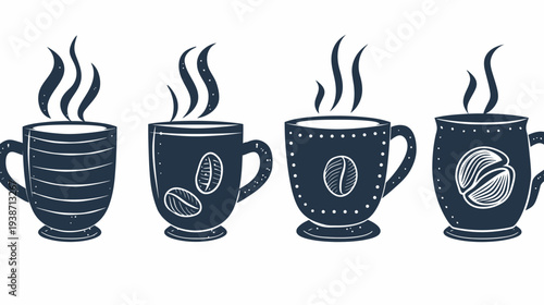 Four decorative coffee mugs with steaming liquid on white background