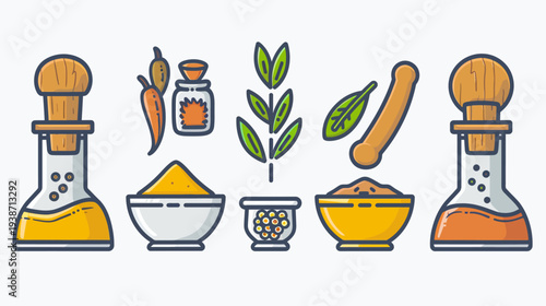 Colorful illustration of spices, herbs, peppers, and oils, with bowls and a mortar and pestle
