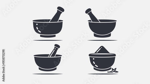 Four mortar & pestle black silhouettes against a white background, different contents