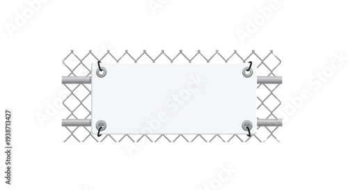 A pristine white rectangular banner is securely attached with black grommets and ropes to a gray chain-link fence.