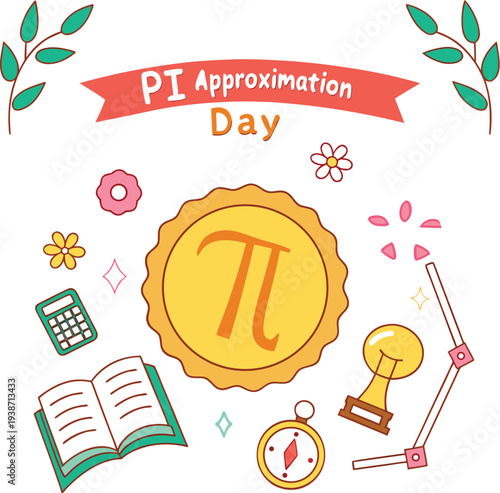 Colorful Pi Approximation Day Illustration with Golden Pi Coin and Educational Symbols.