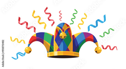 A colorful jester hat with a diamond pattern and golden bells is surrounded by swirling red, yellow, green, and blue confetti ribbons.