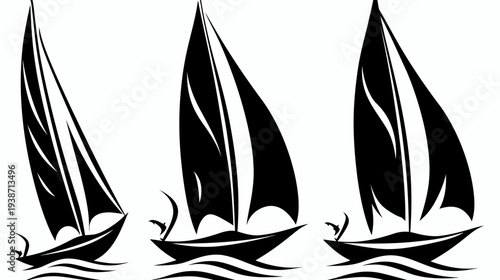 Three stylized black sailboats with full sails glide on simple, wavy water graphic