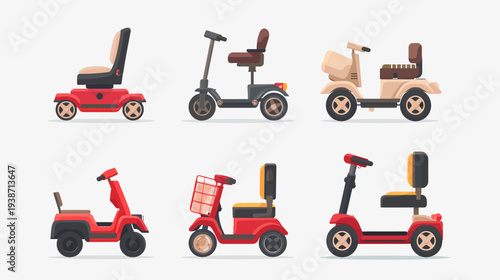 Collection of various mobility scooters, illustrated with solid colors and no people