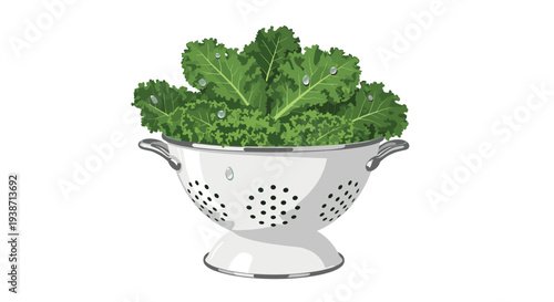 A polished silver metal colander with circular perforations is overflowing with vibrant green kale leaves, featuring visible water droplets.