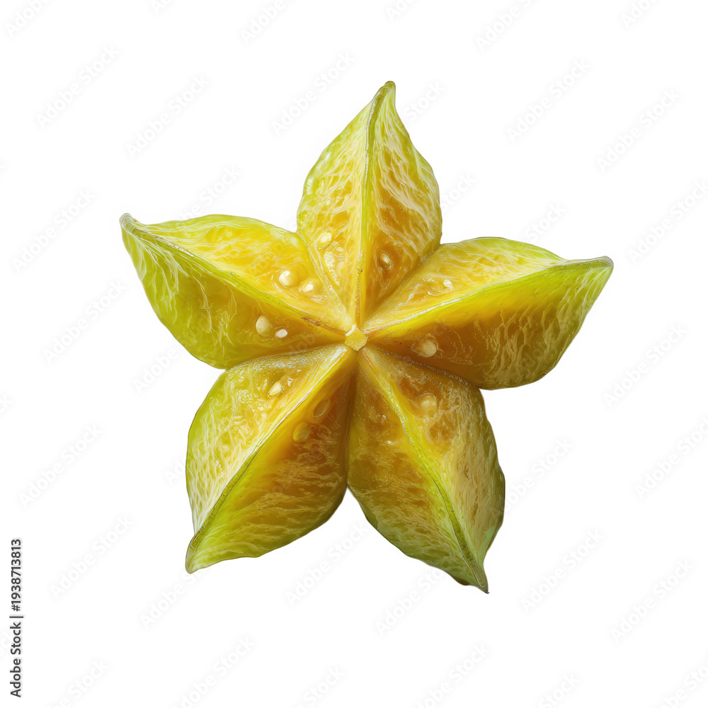 Fototapeta premium Starfruit sliced into sections with seeds visible isolated on transparent background