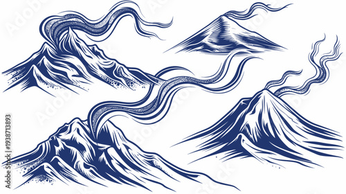 Four illustrated mountains with smoke, drawn in blue on white with a vintage vibe