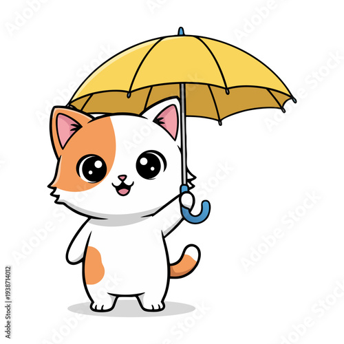 Cute Hand Drawn Adorable Kitten Holding Yellow Umbrella Illustration Character