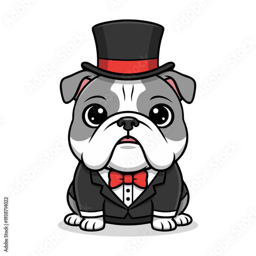 Cute Bulldog Wearing Top Hat and Suit Gentleman Illustration