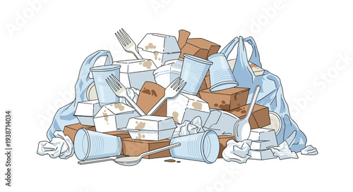 A large pile of mixed garbage, including blue plastic bags, white foam containers, brown boxes, and plastic cutlery, on white.