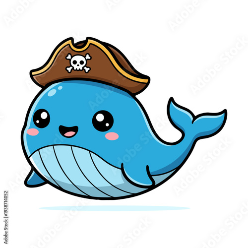 Cute Hand Drawn Pirate Whale Smiling with a Pirate Hat Illustration