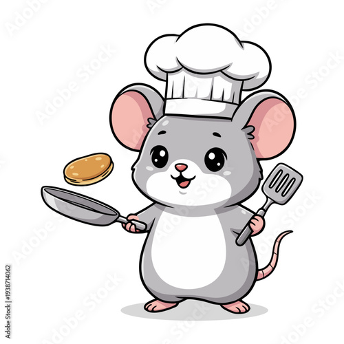Cute Chef Mouse Character Flipping Pancake Culinary Mascot