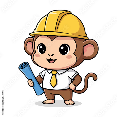 Cute Little Monkey Wearing Hard Hat Holding Blueprint