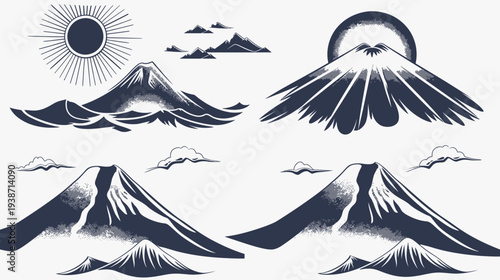 Graphic image featuring mountains, clouds, sun, and stylized sea in a blue-gray color palette