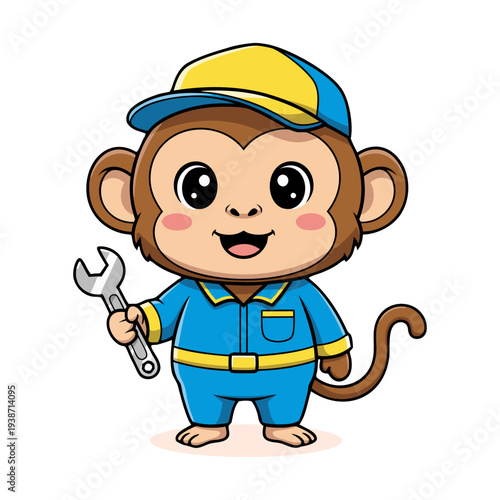 Cute Monkey Character Mechanic Holding Wrench Tool Illustration Mascot