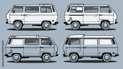 Pixelated artwork depicting a classic camper van in various shades of gray. Four side views are shown