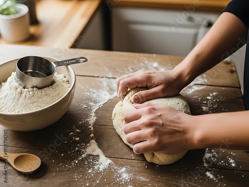 Baker kneading dough on a floured wooden surface in warm kitchen
