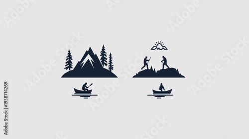Simple icons of outdoor adventure canoeing, hiking, mountains and a rising sun