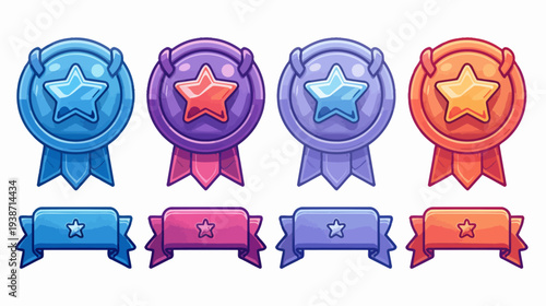 Pixelated artwork featuring sets of colorful award ribbons and medallions with star designs