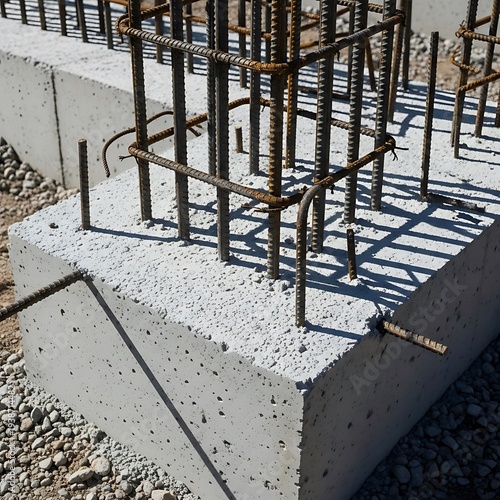 Construction scene showcases concrete foundation with rebar framework preparation