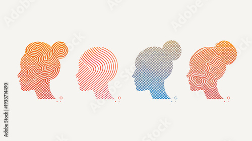 Four stylized heads in profile with textured fills, gradients of warm and cool tones