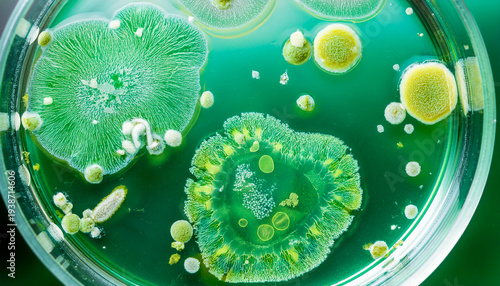 Microscopic bacteria and virus colonies in petri dish