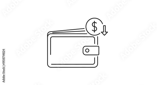 Wallet with Dollar Sign and Down Arrow Icon: Financial Loss or Budgeting Concept