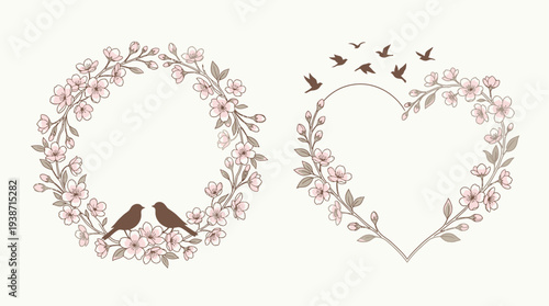 Minimalist Cherry Blossom Bird Frame Illustration Circle and Heart Floral Design
