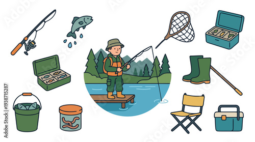 Professional Fisherman With Fishing Equipment Flat Vector Scene