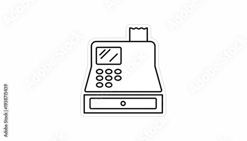 Vintage Cash Register Icon, Retro Retail Equipment, Simple Line Art Drawing
