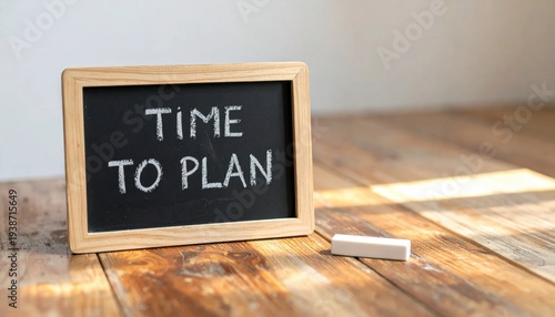 Chalkboard with Time to Plan Message on Wooden Surface in Bright Indoor Setting