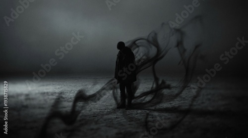 Solitary figure engulfed by abstract dark smoke in a desolate atmosphere