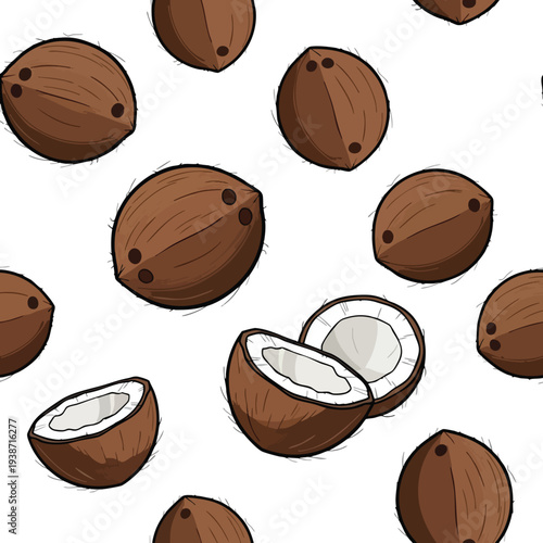 Set of Fresh Whole and Halved Coconuts for Tropical Cuisine and Healthy Snacks