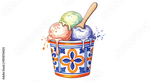 Watercolor Gelato Illustration in Mediterranean Majolica Tile Cup