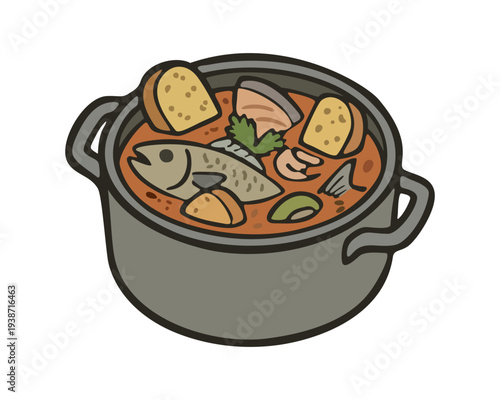 Bouillabaisse. Traditional French seafood cuisine. Vector isolated illustration