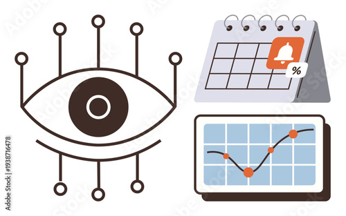Artificial intelligence, data analysis, scheduling tools, technology growth, productivity, business insights. Eye with circuits, calendar with alert and analytics chart. AI and data analysis